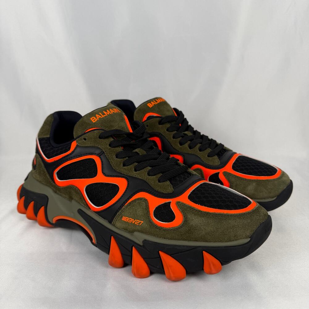 Balmain B-East Low Top Sneakers Suede Leather Khaki Orange Size 45